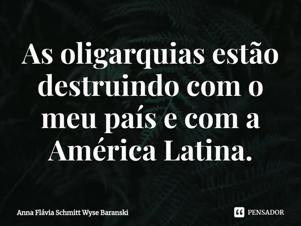 ⁠As oligarquias estão destruindo com o meu país e com a América Latina.... Frase de Anna Flávia Schmitt Wyse Baranski.