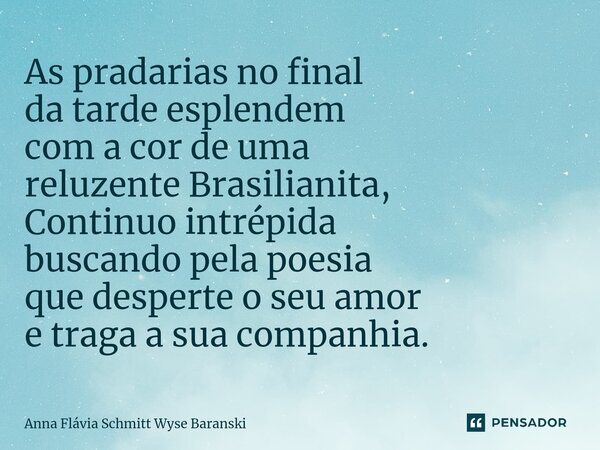 ⁠As pradarias no final da tarde esplendem com a cor de uma reluzente Brasilianita, Continuo intrépida buscando pela poesia que desperte o seu amor e traga a sua... Frase de Anna Flávia Schmitt Wyse Baranski.