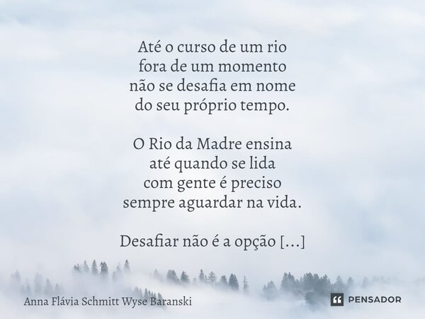 ⁠Até o curso de um rio fora de um momento não se desafia em nome do seu próprio tempo. O Rio da Madre ensina até quando se lida com gente é preciso sempre aguar... Frase de Anna Flávia Schmitt Wyse Baranski.