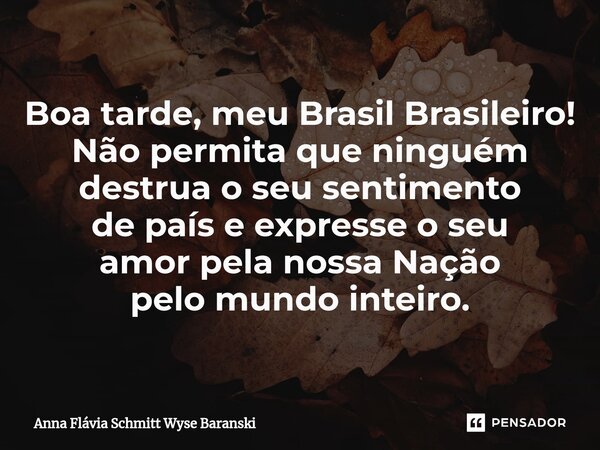 ⁠Boa tarde, meu Brasil Brasileiro! Não permita que ninguém destrua o seu sentimento de país e expresse o seu amor pela nossa Nação pelo mundo inteiro.... Frase de Anna Flávia Schmitt Wyse Baranski.