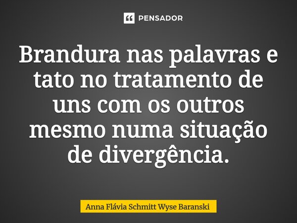 ⁠Brandura nas palavras e tato no tratamento de uns com os outros mesmo numa situação de divergência.... Frase de Anna Flávia Schmitt Wyse Baranski.