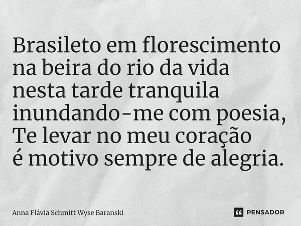 ⁠Brasileto em florescimento na beira do rio da vida nesta tarde tranquila inundando-me com poesia, Te levar no meu coração é motivo sempre de alegria.... Frase de Anna Flávia Schmitt Wyse Baranski.