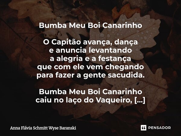 Bumba Meu Boi Canarinho O Capitão avança, dança e anuncia levantando a alegria e a festança que com ele vem chegando para fazer a gente sacudida. Bumba Meu Boi... Frase de Anna Flávia Schmitt Wyse Baranski.