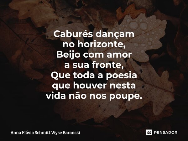 ⁠Caburés dançam no horizonte, Beijo com amor a sua fronte, Que toda a poesia que houver nesta vida não nos poupe.... Frase de Anna Flávia Schmitt Wyse Baranski.