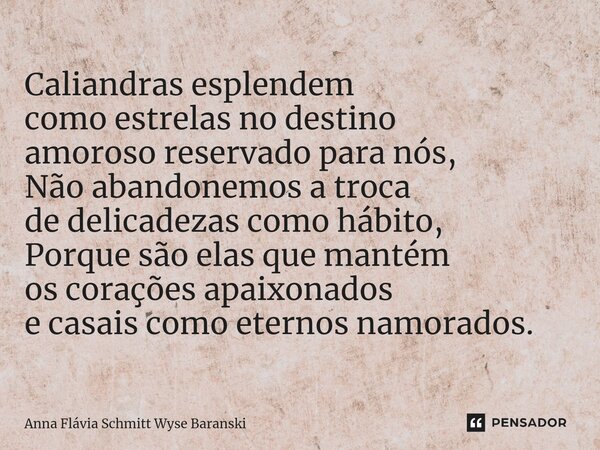 ⁠Caliandras esplendem como estrelas no destino amoroso reservado para nós, Não abandonemos a troca de delicadezas como hábito, Porque são elas que mantém os cor... Frase de Anna Flávia Schmitt Wyse Baranski.