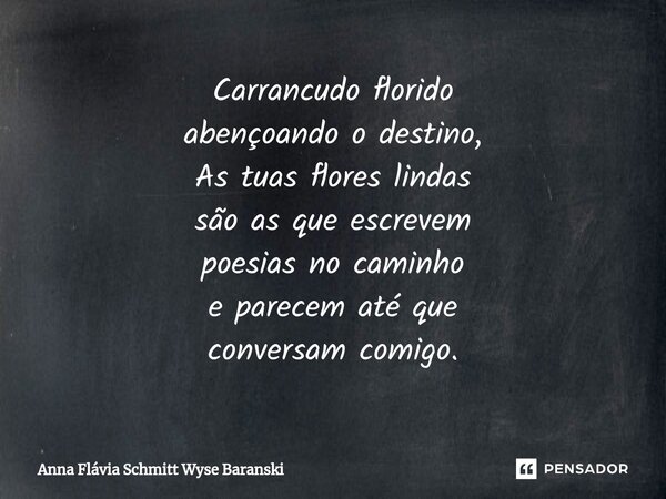 ⁠Carrancudo florido abençoando o destino, As tuas flores lindas são as que escrevem poesias no caminho e parecem até que conversam comigo.... Frase de Anna Flávia Schmitt Wyse Baranski.