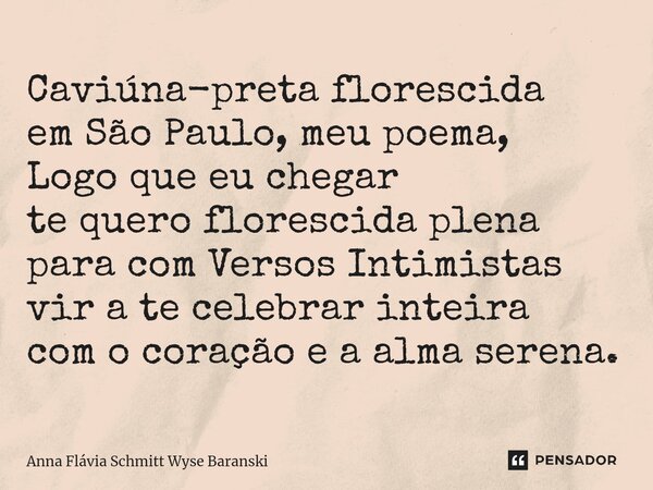 ⁠Caviúna-preta florescida em São Paulo, meu poema, Logo que eu chegar te quero florescida plena para com Versos Intimistas vir a te celebrar inteira com o coraç... Frase de Anna Flávia Schmitt Wyse Baranski.