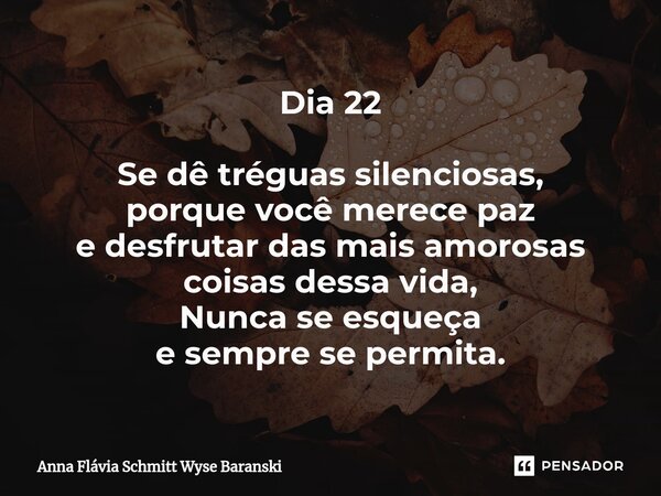 ⁠Dia 22 Se dê tréguas silenciosas, porque você merece paz e desfrutar das mais amorosas coisas dessa vida, Nunca se esqueça e sempre se permita.... Frase de Anna Flávia Schmitt Wyse Baranski.