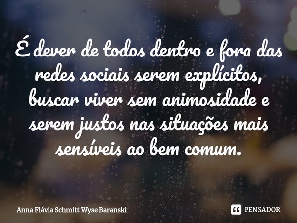 ⁠É dever de todos dentro e fora das redes sociais serem explícitos, buscar viver sem animosidade e serem justos nas situações mais sensíveis ao bem comum.... Frase de Anna Flávia Schmitt Wyse Baranski.