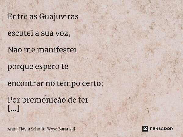 ⁠Entre as Guajuviras escutei a sua voz, Não me manifestei porque espero te encontrar no tempo certo; Por premonição de ter o teu amor concreto: celebro este amo... Frase de Anna Flávia Schmitt Wyse Baranski.