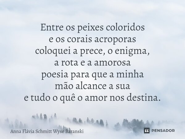 ⁠Entre os peixes coloridos e os corais acroporas coloquei a prece, o enigma, a rota e a amorosa poesia para que a minha mão alcance a sua e tudo o quê o amor no... Frase de Anna Flávia Schmitt Wyse Baranski.