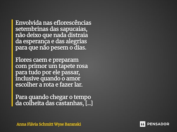 Envolvida nas eflorescências setembrinas das sapucaias, não deixo que nada distraia da esperança e das alegrias para que não pesem o dias. Flores caem e prepar... Frase de Anna Flávia Schmitt Wyse Baranski.