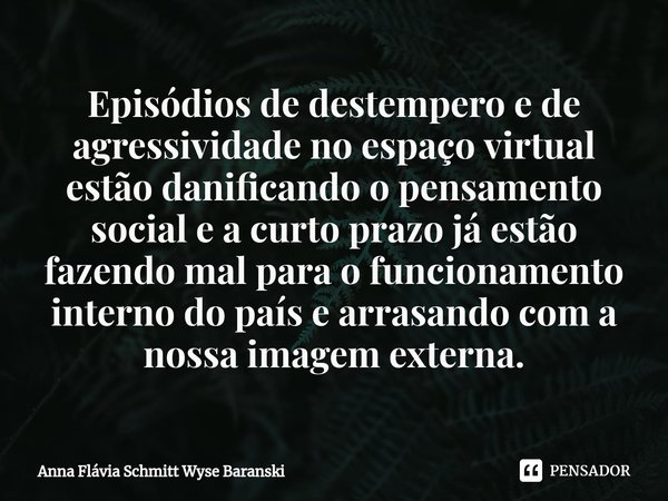 Episódios de destempero e de agressividade no espaço virtual estão danificando o pensamento social e a curto prazo já estão fazendo mal para o funcionamento in... Frase de Anna Flávia Schmitt Wyse Baranski.