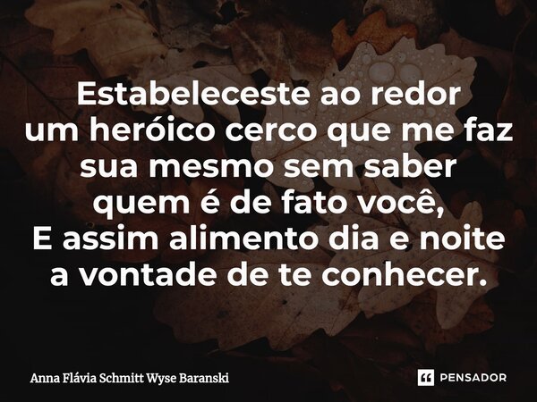 ⁠Estabeleceste ao redor um heróico cerco que me faz sua mesmo sem saber quem é de fato você, E assim alimento dia e noite a vontade de te conhecer.... Frase de Anna Flávia Schmitt Wyse Baranski.