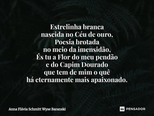 ⁠Estrelinha branca nascida no Céu de ouro, Poesia brotada no meio da imensidão, És tu a Flor do meu pendão e do Capim Dourado que tem de mim o quê há eternament... Frase de Anna Flávia Schmitt Wyse Baranski.
