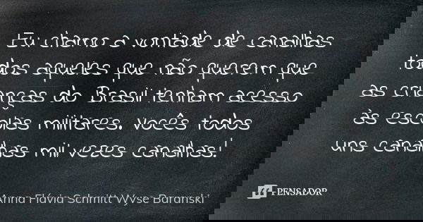 Eu chamo a vontade de canalhas todos aqueles que não querem que as crianças do Brasil tenham acesso às escolas militares. Vocês todos uns canalhas mil vezes can... Frase de Anna Flávia Schmitt Wyse Baranski.