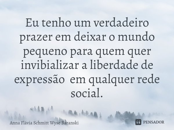 ⁠Eu tenho um verdadeiro prazer em deixar o mundo pequeno para quem quer invibializar a liberdade de expressão em qualquer rede social.... Frase de Anna Flávia Schmitt Wyse Baranski.