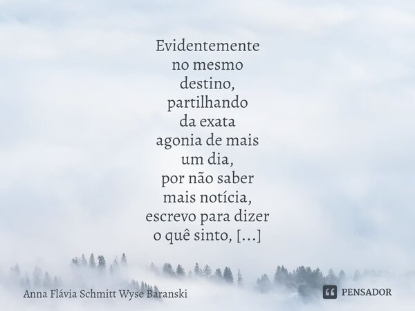 ⁠Evidentemente no mesmo destino, partilhando da exata agonia de mais um dia, por não saber mais notícia, escrevo para dizer o quê sinto, porque quem disse o quê... Frase de Anna Flávia Schmitt Wyse Baranski.