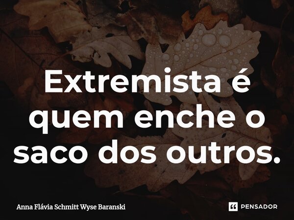 Extremista é quem enche o saco dos outros.... Frase de Anna Flávia Schmitt Wyse Baranski.