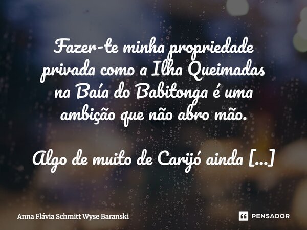 Fazer-te minha propriedade privada como a Ilha Queimadas na Baía do Babitonga é uma ambição que não abro mão. Algo de muito de Carijó ainda permanece em nós e ... Frase de Anna Flávia Schmitt Wyse Baranski.