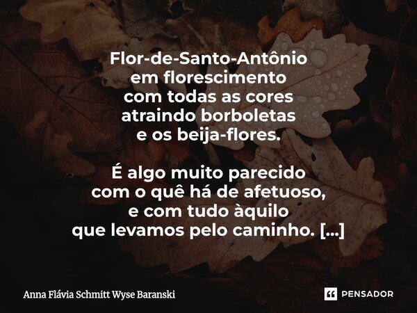 Flor-de-Santo-Antônio em florescimento com todas as cores atraindo borboletas e os beija-flores. É algo muito parecido com o quê há de afetuoso, e com tudo àqu... Frase de Anna Flávia Schmitt Wyse Baranski.