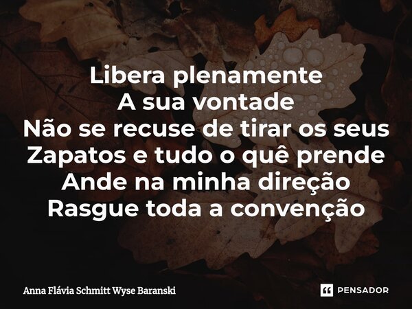 ⁠Libera plenamente A sua vontade Não se recuse de tirar os seus Zapatos e tudo o quê prende Ande na minha direção Rasgue toda a convenção... Frase de Anna Flávia Schmitt Wyse Baranski.