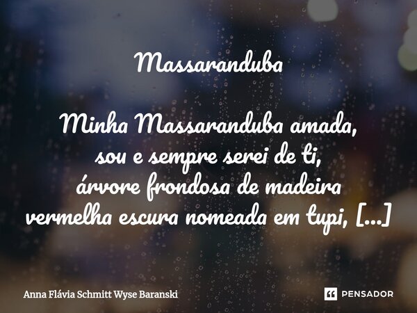 ⁠Massaranduba Minha Massaranduba amada, sou e sempre serei de ti, árvore frondosa de madeira vermelha escura nomeada em tupi, Nome que batizou heroica cidade po... Frase de Anna Flávia Schmitt Wyse Baranski.