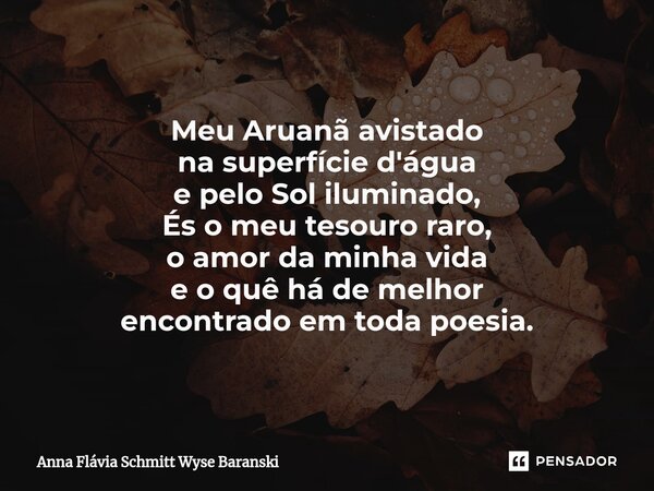 ⁠Meu Aruanã avistado na superfície d'água e pelo Sol iluminado, És o meu tesouro raro, o amor da minha vida e o quê há de melhor encontrado em toda poesia.... Frase de Anna Flávia Schmitt Wyse Baranski.