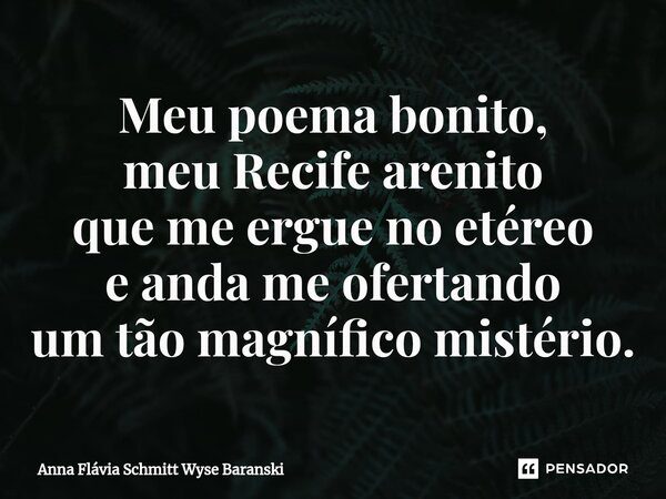⁠Meu poema bonito, meu Recife arenito que me ergue no etéreo e anda me ofertando um tão magnífico mistério.... Frase de Anna Flávia Schmitt Wyse Baranski.