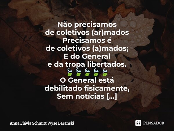 ⁠Não precisamos de coletivos (ar)mados Precisamos é de coletivos (a)mados; E do General e da tropa libertados. 🍃🍃🍃🍃🍃 O General está debilitado fisicamente, Sem ... Frase de Anna Flávia Schmitt Wyse Baranski.