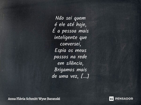 Não sei quem é ele até hoje, É a pessoa mais inteligente que conversei, Espia os meus passos na rede em silêncio, Brigamos mais de uma vez, Ele me conhece não ... Frase de Anna Flávia Schmitt Wyse Baranski.