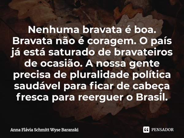 Nenhuma bravata é boa. Bravata não é coragem. O país já está saturado de bravateiros de ocasião. A nossa gente precisa de pluralidade política saudável para fi... Frase de Anna Flávia Schmitt Wyse Baranski.