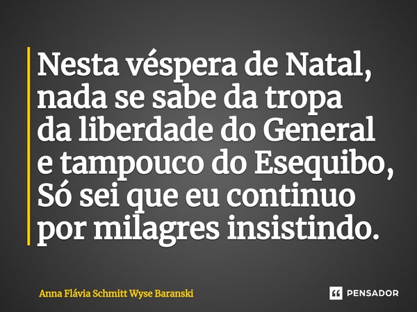 ⁠Nesta véspera de Natal, nada se sabe da tropa da liberdade do General e tampouco do Esequibo, Só sei que eu continuo por milagres insistindo.... Frase de Anna Flávia Schmitt Wyse Baranski.