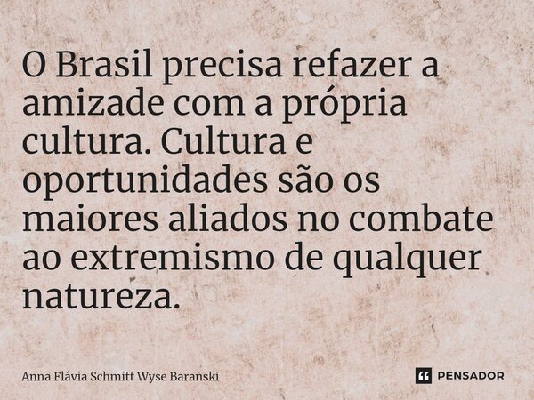 ⁠O Brasil precisa refazer a amizade com a própria cultura. Cultura e oportunidades são os maiores aliados no combate ao extremismo de qualquer natureza.... Frase de Anna Flávia Schmitt Wyse Baranski.