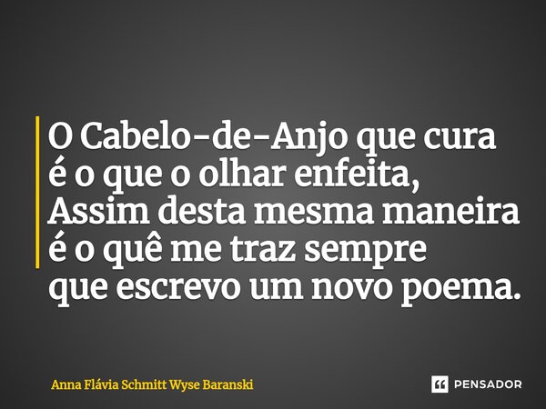 ⁠O Cabelo-de-Anjo que cura é o que o olhar enfeita, Assim desta mesma maneira é o quê me traz sempre que escrevo um novo poema.... Frase de Anna Flávia Schmitt Wyse Baranski.