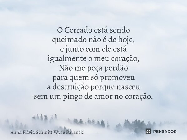 O Cerrado está sendo queimado não é de hoje, e junto com ele está igualmente o meu coração, Não me peça perdão para quem só promoveu a destruição porque nasceu... Frase de Anna Flávia Schmitt Wyse Baranski.