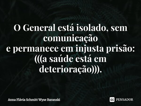 ⁠O General está isolado, sem comunicação e permanece em injusta prisão: (((a saúde está em deterioração))).... Frase de Anna Flávia Schmitt Wyse Baranski.