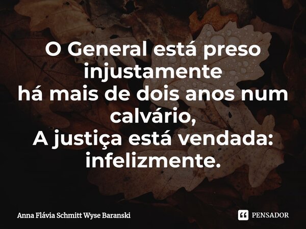 ⁠O General está preso injustamente há mais de dois anos num calvário, A justiça está vendada: infelizmente.... Frase de Anna Flávia Schmitt Wyse Baranski.