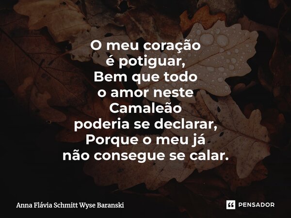 ⁠O meu coração é potiguar, Bem que todo o amor neste Camaleão poderia se declarar, Porque o meu já não consegue se calar.... Frase de Anna Flávia Schmitt Wyse Baranski.