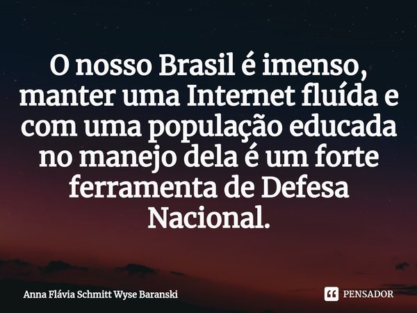 ⁠O nosso Brasil é imenso, manter uma Internet fluída e com uma população educada no manejo dela é um forte ferramenta de Defesa Nacional.... Frase de Anna Flávia Schmitt Wyse Baranski.