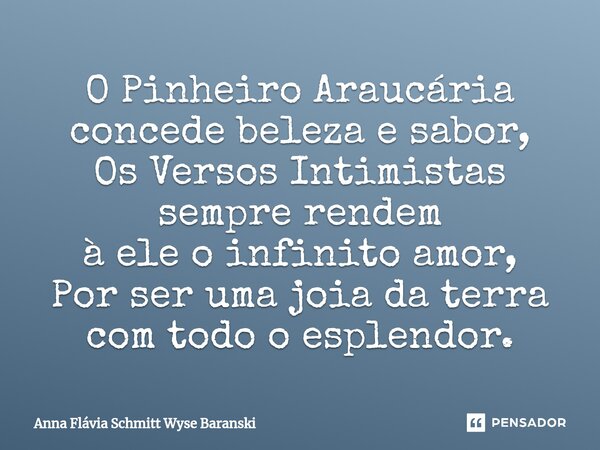 O Pinheiro Araucária concede beleza e sabor, Os Versos Intimistas sempre rendem à ele o infinito amor, Por ser uma joia da terra com todo o esplendor.... Frase de Anna Flávia Schmitt Wyse Baranski.