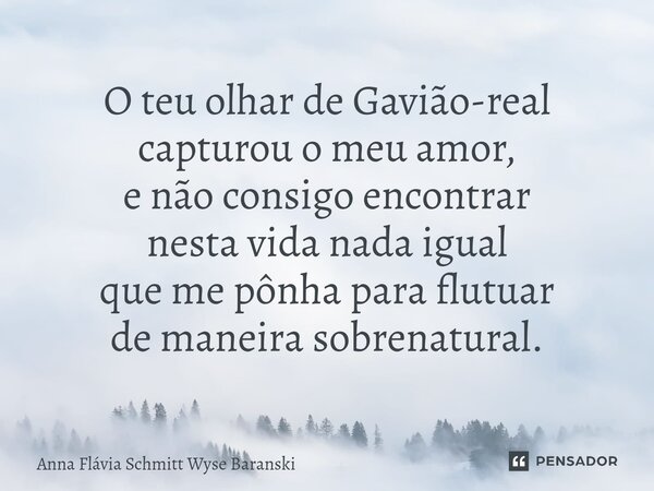 ⁠O teu olhar de Gavião-real capturou o meu amor, e não consigo encontrar nesta vida nada igual que me pônha para flutuar de maneira sobrenatural.... Frase de Anna Flávia Schmitt Wyse Baranski.