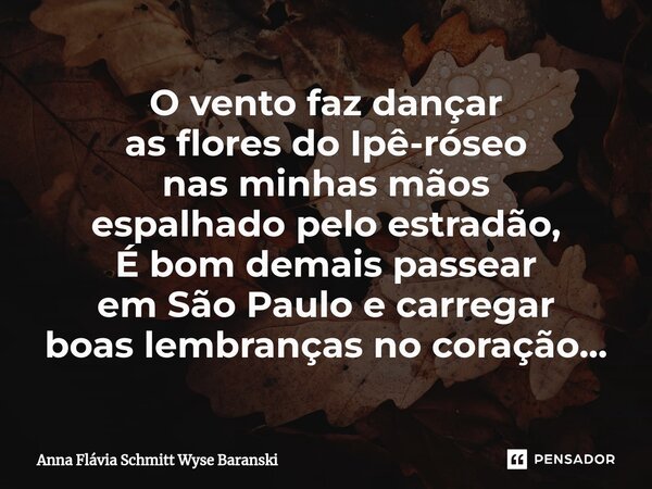 ⁠O vento faz dançar as flores do Ipê-róseo nas minhas mãos espalhado pelo estradão, É bom demais passear em São Paulo e carregar boas lembranças no coração...... Frase de Anna Flávia Schmitt Wyse Baranski.