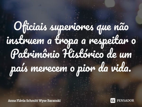 ⁠Oficiais superiores que não instruem a tropa a respeitar o Patrimônio Histórico de um país merecem o pior da vida.... Frase de Anna Flávia Schmitt Wyse Baranski.
