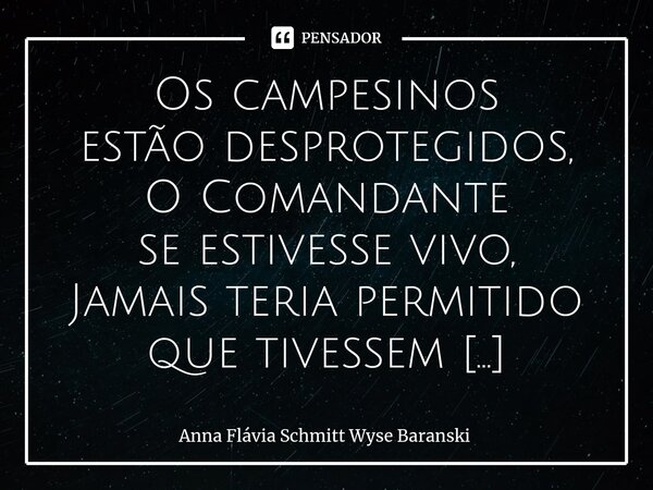 ⁠Os campesinos estão desprotegidos, O Comandante se estivesse vivo, Jamais teria permitido que tivessem os seus direitos agredidos. Não se sabe há mais de cinco... Frase de Anna Flávia Schmitt Wyse Baranski.