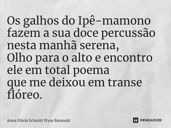 ⁠Os galhos do Ipê-mamono fazem a sua doce percussão nesta manhã serena, Olho para o alto e encontro ele em total poema que me deixou em transe flóreo.... Frase de Anna Flávia Schmitt Wyse Baranski.