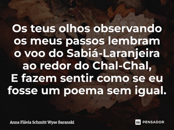 ⁠Os teus olhos observando os meus passos lembram o voo do Sabiá-Laranjeira ao redor do Chal-Chal, E fazem sentir como se eu fosse um poema sem igual.... Frase de Anna Flávia Schmitt Wyse Baranski.