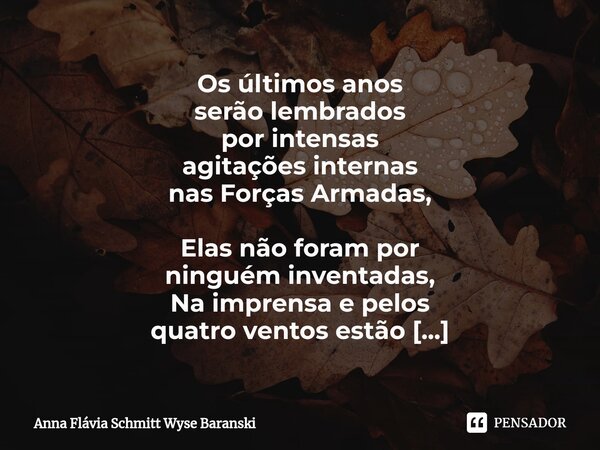 Os últimos anos serão lembrados por intensas agitações internas nas Forças Armadas, Elas não foram por ninguém inventadas, Na imprensa e pelos quatro ventos es... Frase de Anna Flávia Schmitt Wyse Baranski.