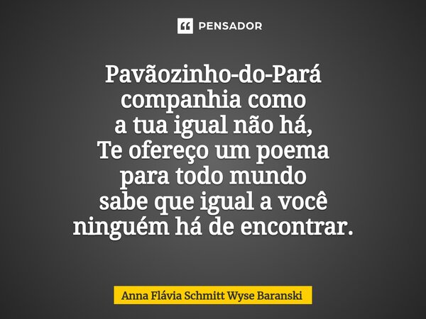 ⁠Pavãozinho-do-Pará companhia como a tua igual não há, Te ofereço um poema para todo mundo sabe que igual a você ninguém há de encontrar.... Frase de Anna Flávia Schmitt Wyse Baranski.