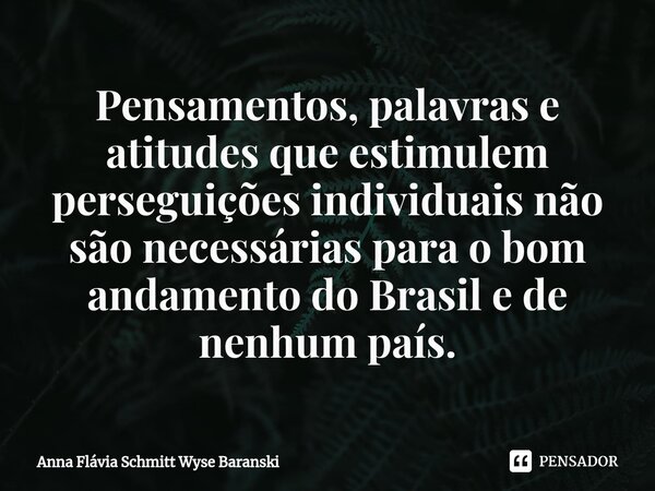 ⁠Pensamentos, palavras e atitudes que estimulem perseguições individuais não são necessárias para o bom andamento do Brasil e de nenhum país.... Frase de Anna Flávia Schmitt Wyse Baranski.